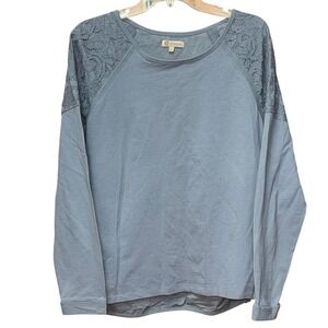 Democracy Gray Lace Raglan Long Sleeve Top Women's Size L Office Casual Cottage